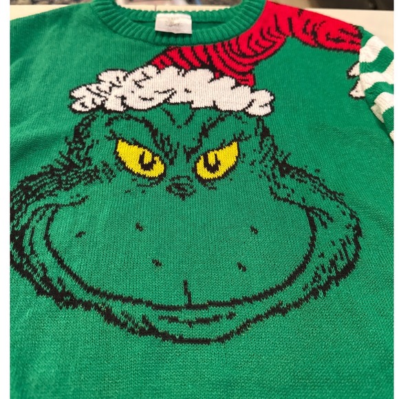 Authentic Grinch Christmas Sweater Green White Striped Long Sleeve Sz. L‎ 14 16 - Picture 2 of 5